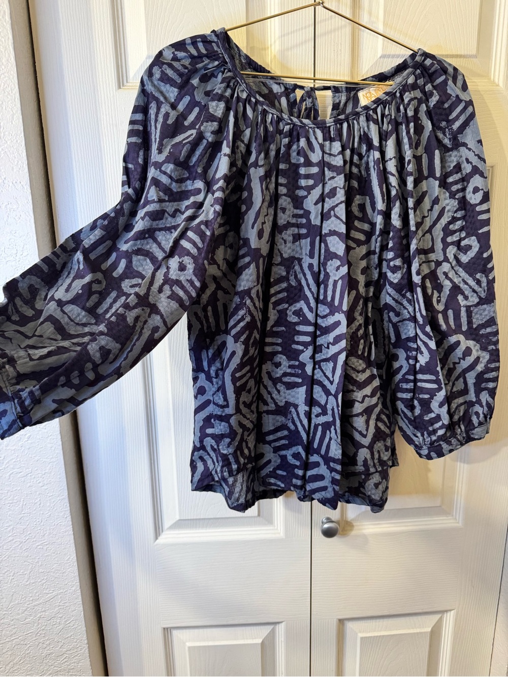 Women's Printed Navy Blue Peasant Tunic Top - Picture 2 of 6